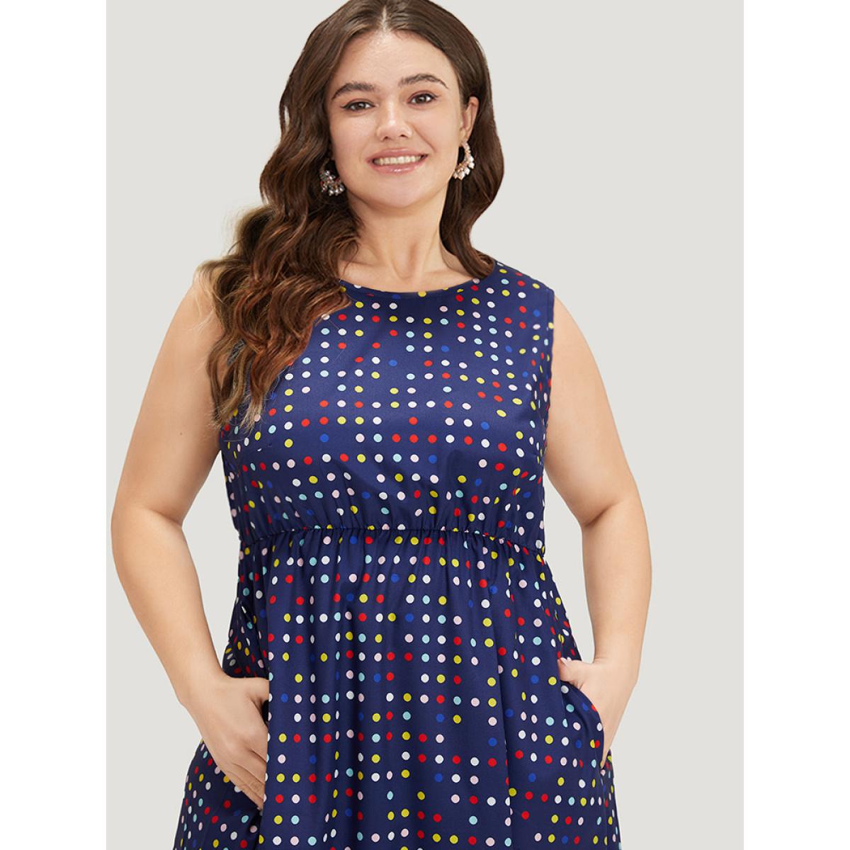 Plus Size Polka Dot Ruffle Hem Round Neck Pocket Tank Dress DarkBlue Women Elegant Elastic Waist Round Neck Sleeveless Curvy Midi Dress BloomChic 12/L Product Image