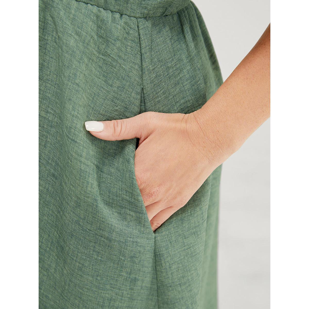 Plus Size Solid Pleated Detail Lace Pocket Ruffle Sleeve Dress Emerald Women Elegant Pleated V-neck Short sleeve Curvy Midi Dress BloomChic 18-20/2X Product Image