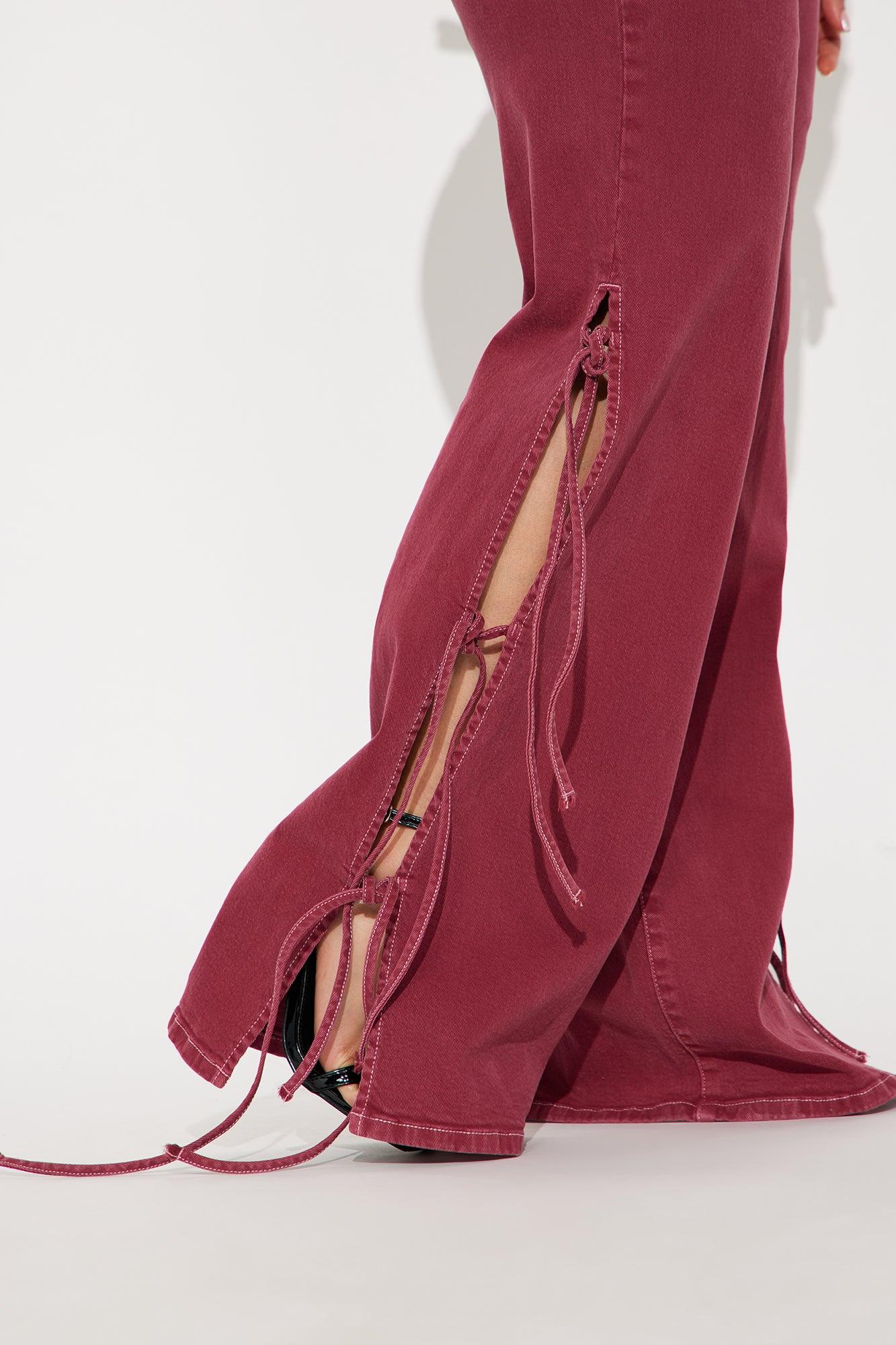 Fine Like Wine Side Tie Wide Leg Jeans - Burgundy Product Image