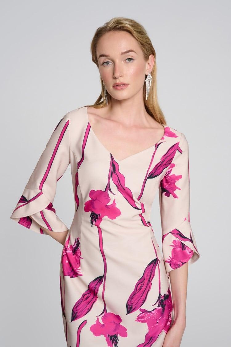 Woven Twill Floral Print Sheath Dress- Light Sand/Pink Product Image