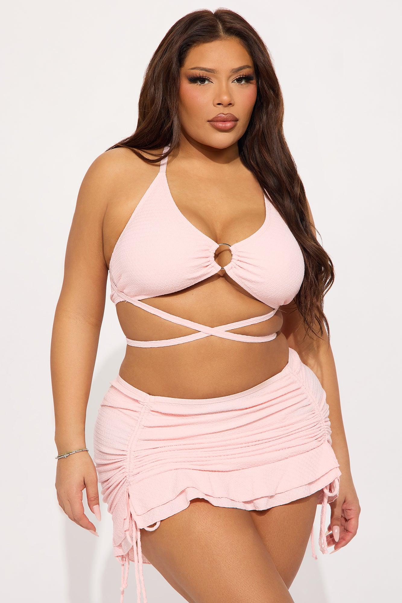 Angelica Textured O-Ring Ruched Skirt 3 Piece Bikini Set - Pink Product Image