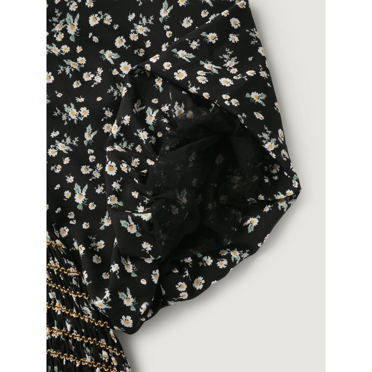 Plus Size Black Shirred Bust Floral Fit and Flared Blouse Women Short sleeve Square Neck Everyday-Elegant Blouses BloomChic 12/L Product Image