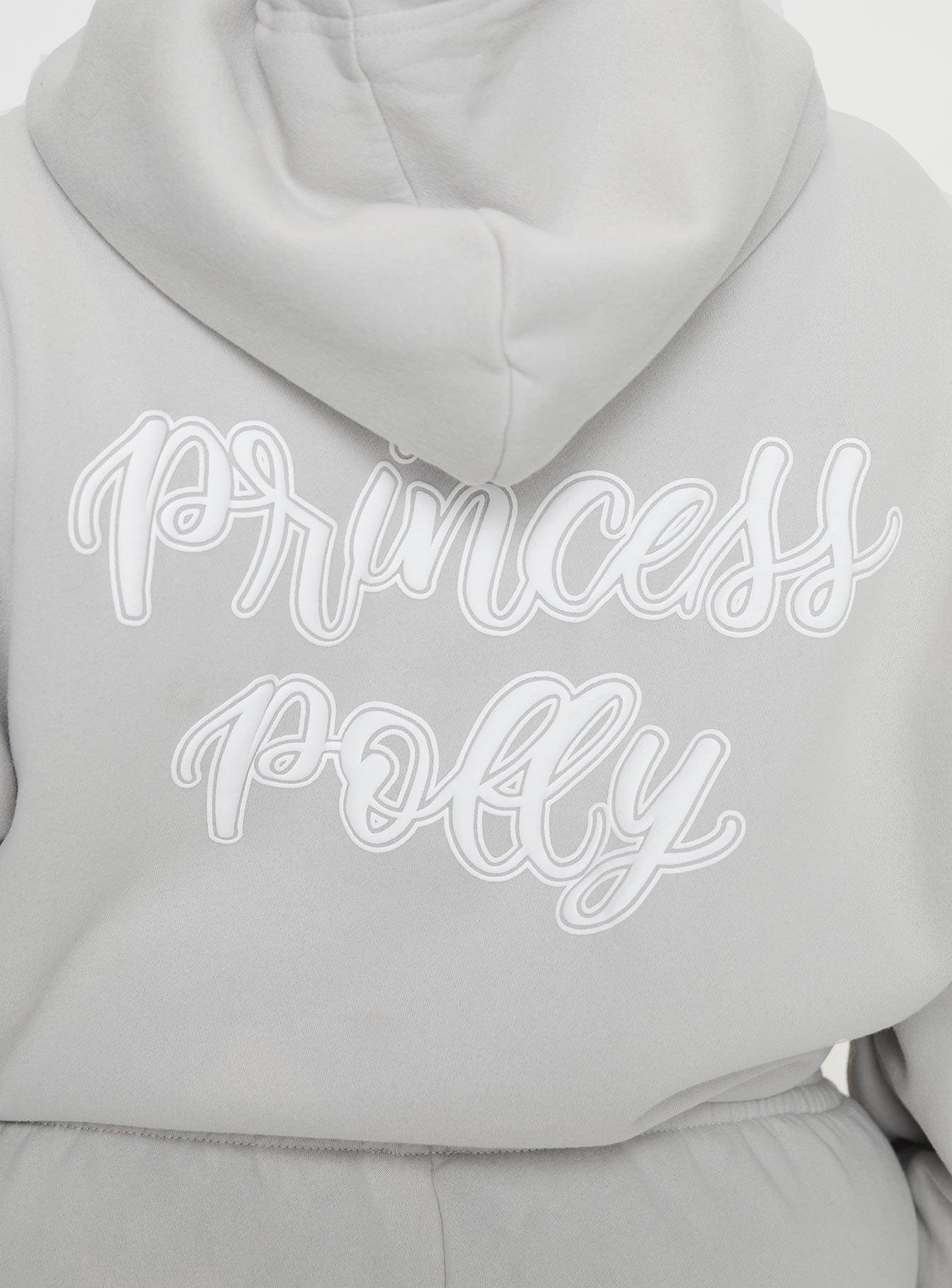 Princess Polly Hooded Sweatshirt Puff Text Grey Curve Product Image