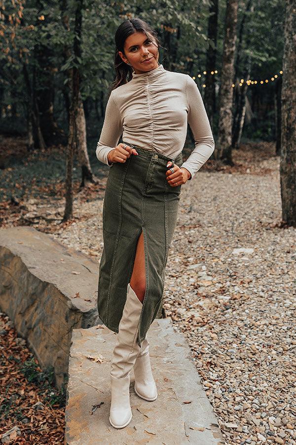 The Maris High Waist Denim Skirt in Olive Product Image