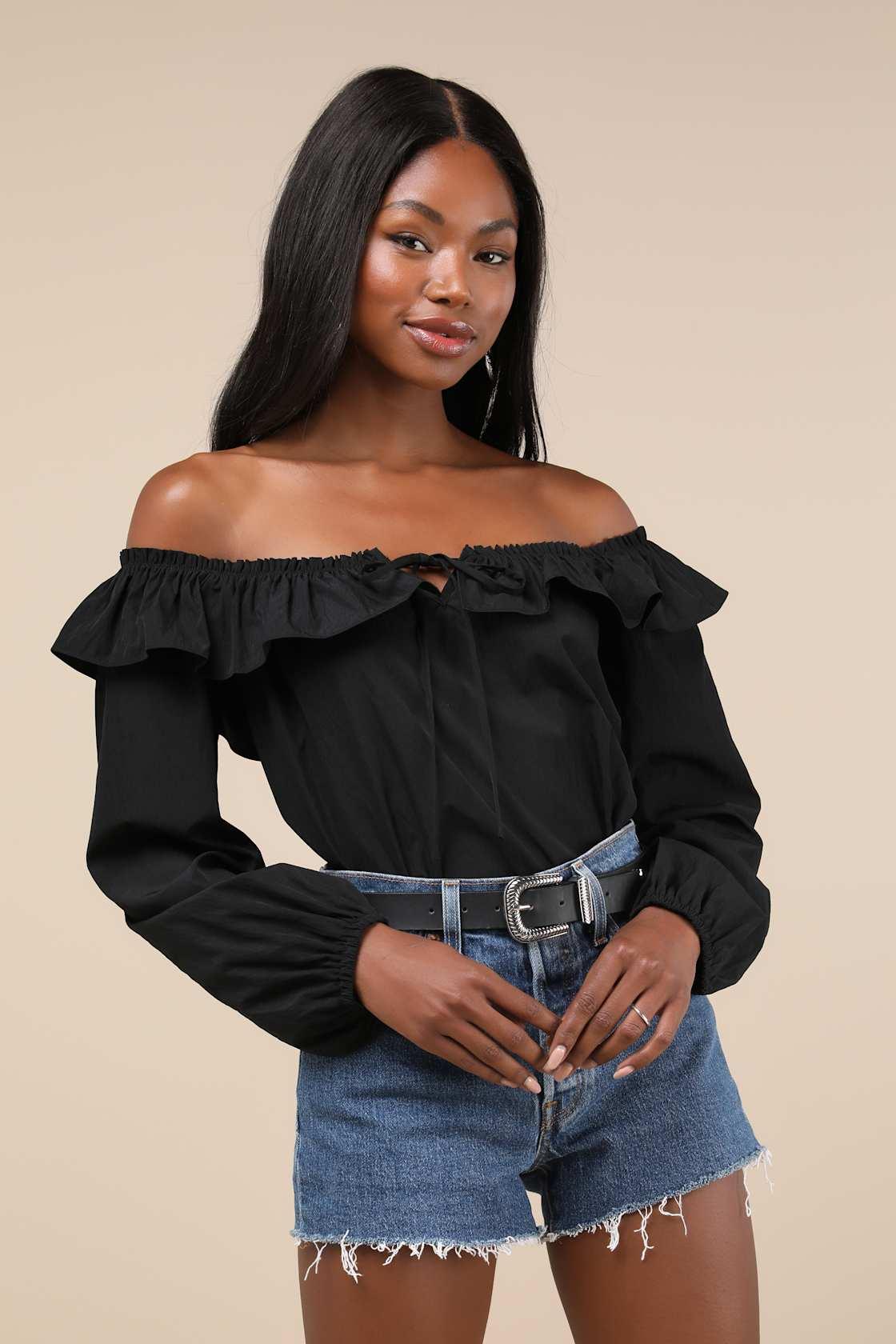 Dreamy Perception Black Ruffled Long Sleeve Off-the-Shoulder Top Product Image