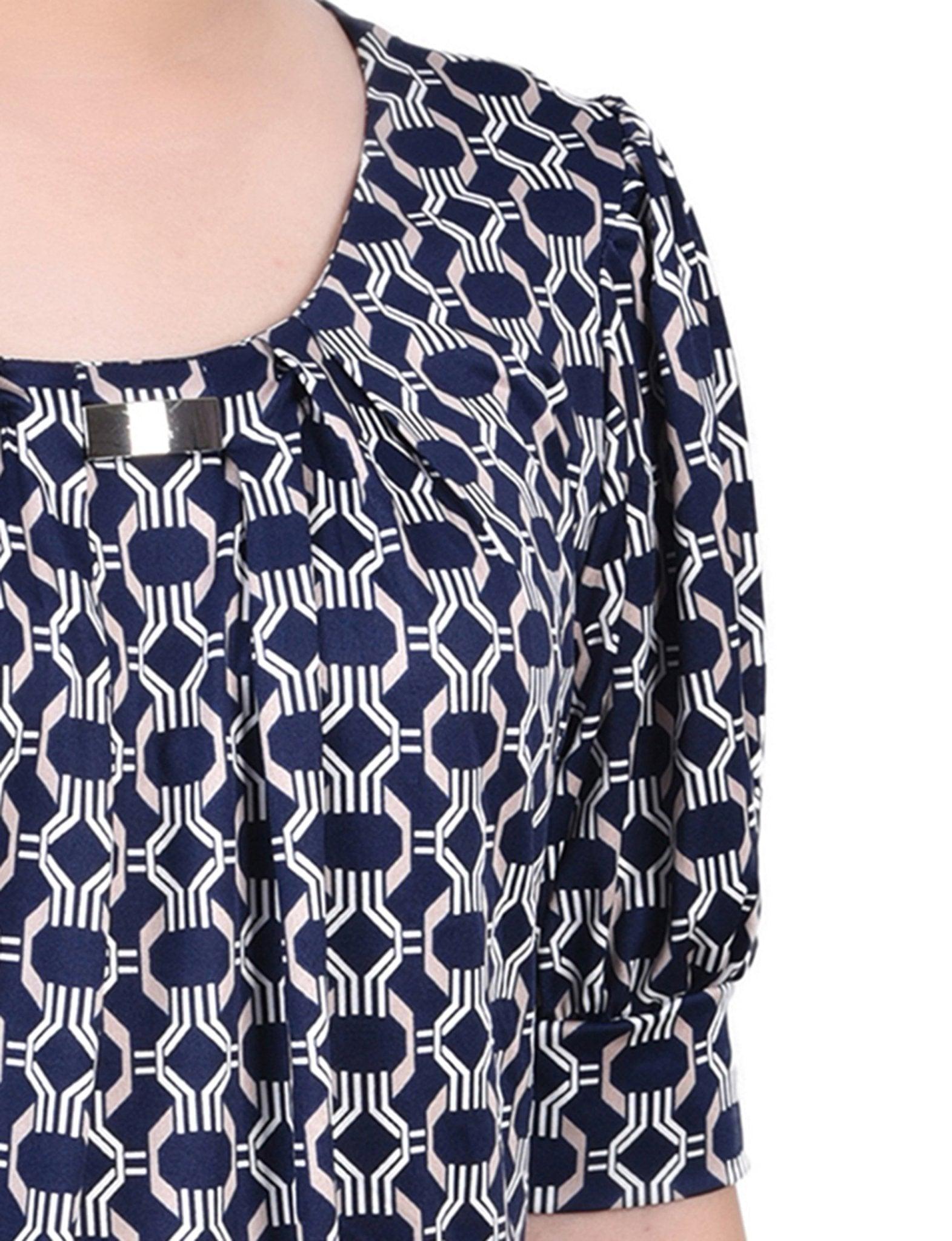 Navy Taupe Link Short Sleeve Balloon Sleeve Top - Petite Product Image