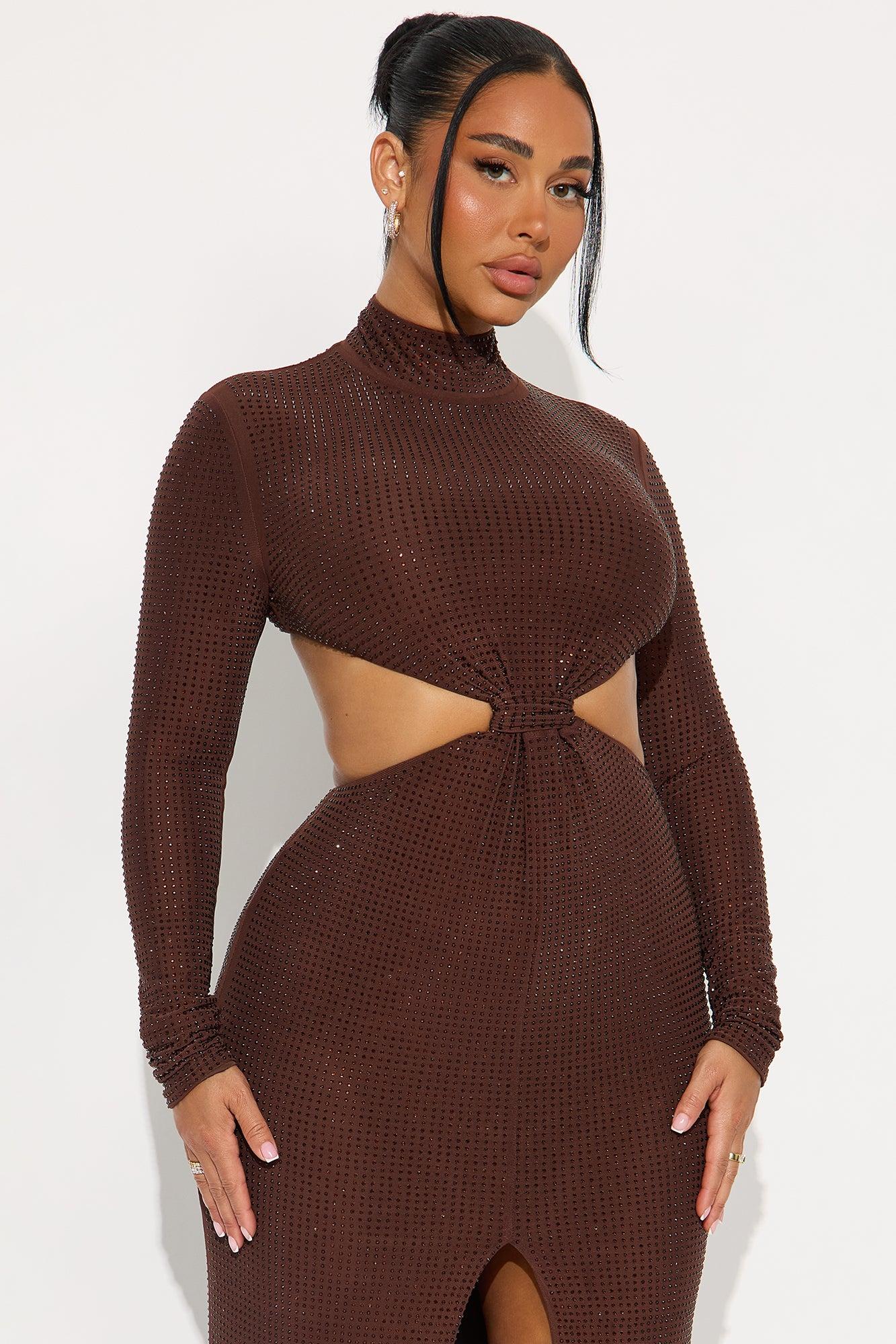 Majestic Moment Rhinestone Maxi Dress - Chocolate Female Product Image