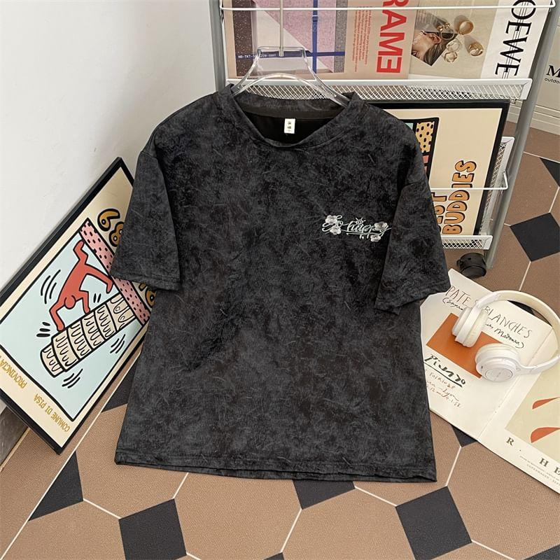 Short-Sleeve Round Neck Lettering Embroidered T-Shirt Product Image