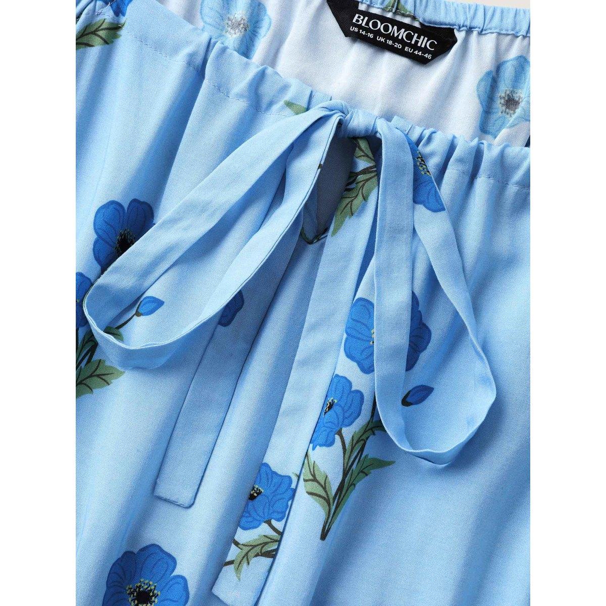 Plus Size Rayon Neck Tie Pockets Floral Midi Dress Skyblue Women Square Neck Short sleeve Curvy BloomChic 26/4X Product Image