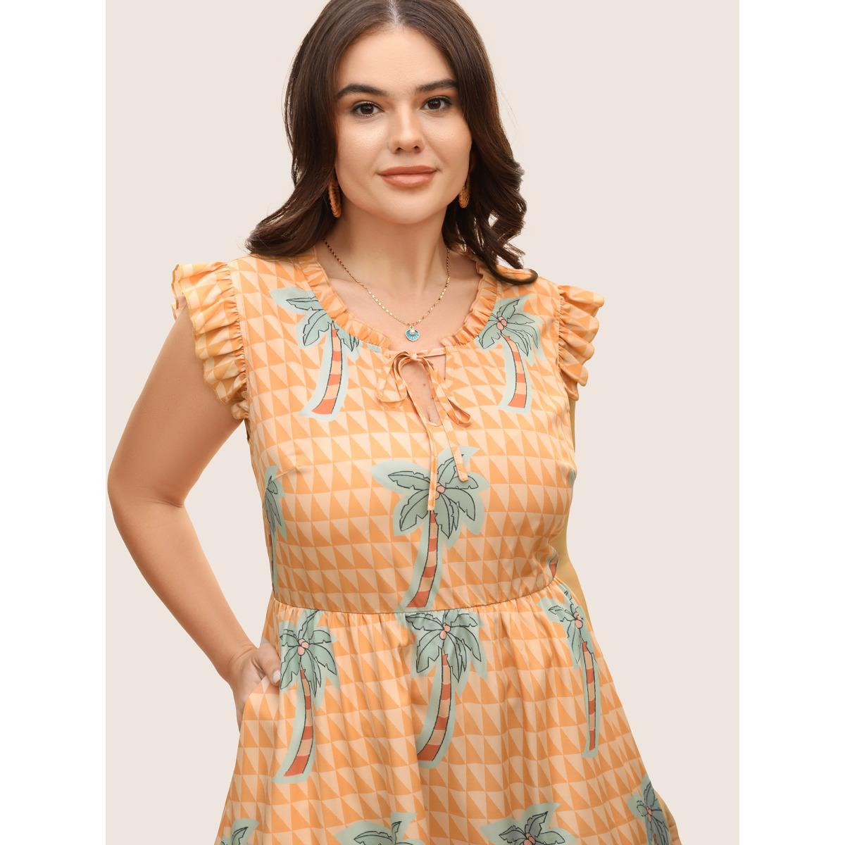 Plus Size Tropical Print Tie Knot Ruffle Cap Sleeve Dress Lightorange Women Resort Tie knot Round Neck Cap Sleeve Curvy BloomChic 30/6X Product Image