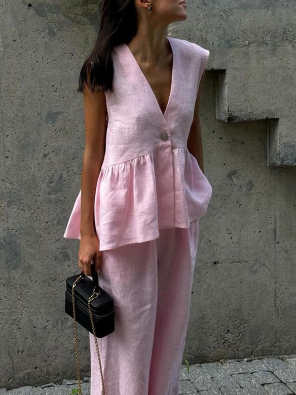Loose Split-Joint Sleeveless Pleated V-Neck Vest + Pants Trousers Two Pieces Set Product Image