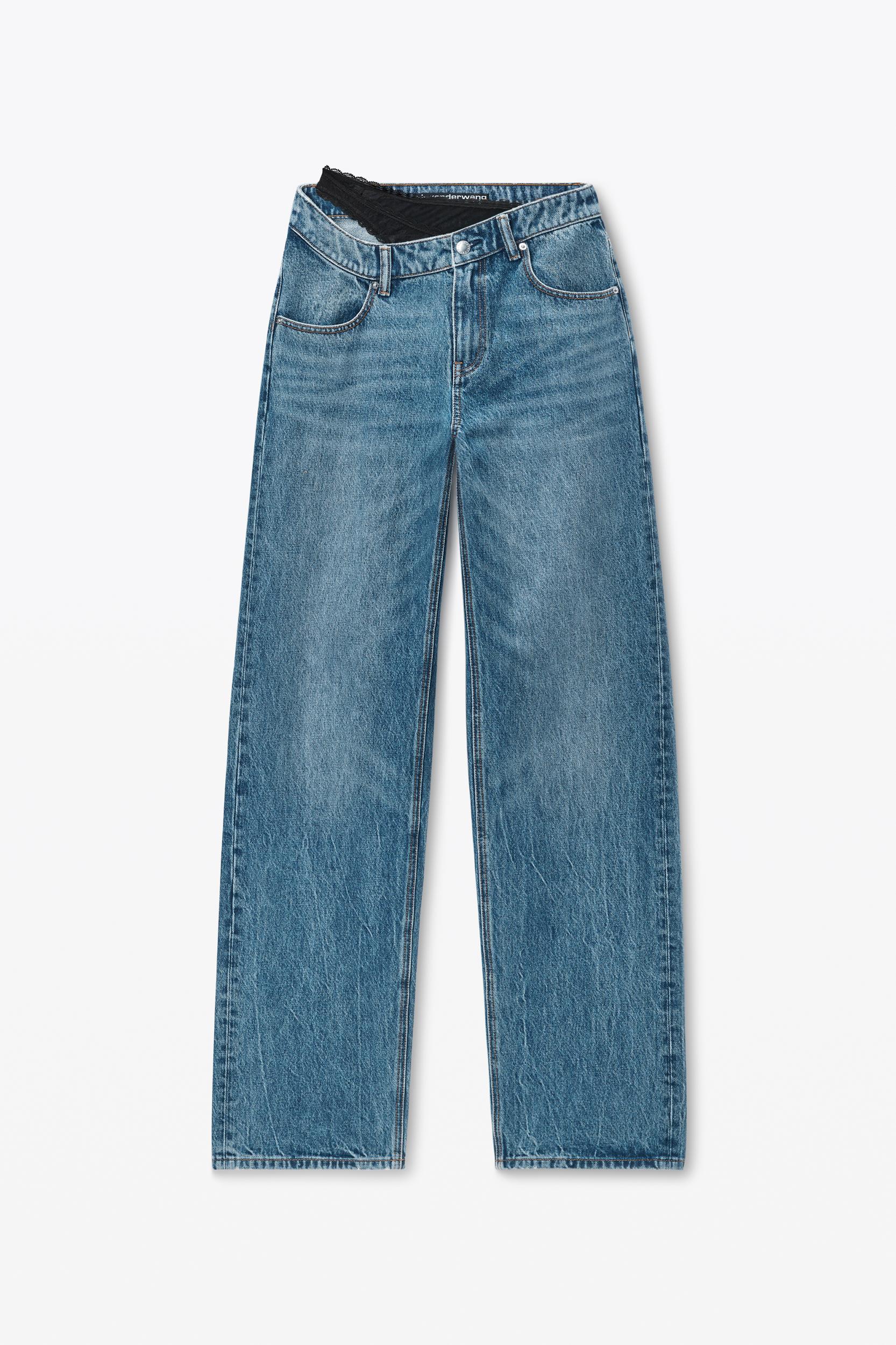 Pre-styled Denim Jeans With Asymmetrical Lace Waistband Product Image