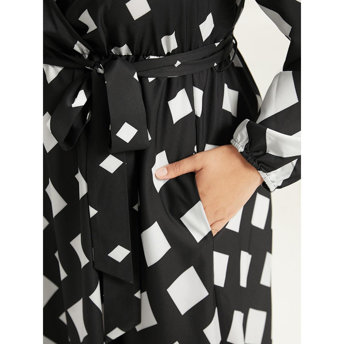 Plus Size Geometric Print Belted Lantern Sleeve Dress BlackFlower Women Office Elastic cuffs V-neck Long Sleeve Curvy Midi Dress BloomChic 26/4X Product Image