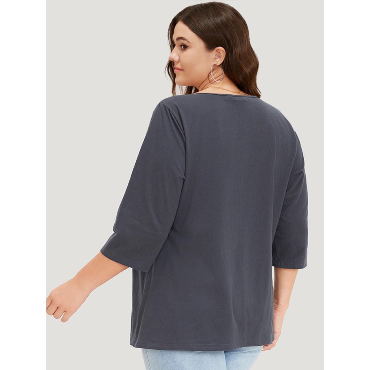 Plus Size Solid Rhinestone Detail Crew Neck T-shirt Indigo Women Elegant Plain Round Neck Dailywear T-shirts BloomChic 22-24/3X Product Image