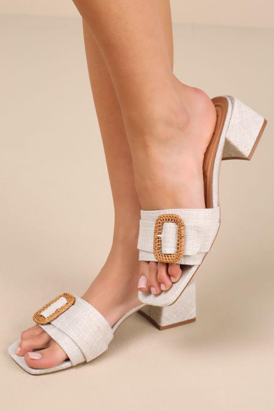 Calendre Beige Woven Buckle Low Heel Slide Sandals Product Image