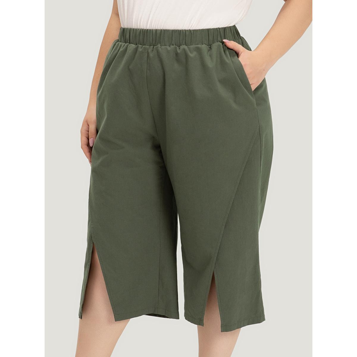 Plus Size Solid Pocket Wrap Hem Elastic Waist Pants Women ArmyGreen Casual Straight Leg High Rise Dailywear Pants BloomChic 14-16/1X Product Image
