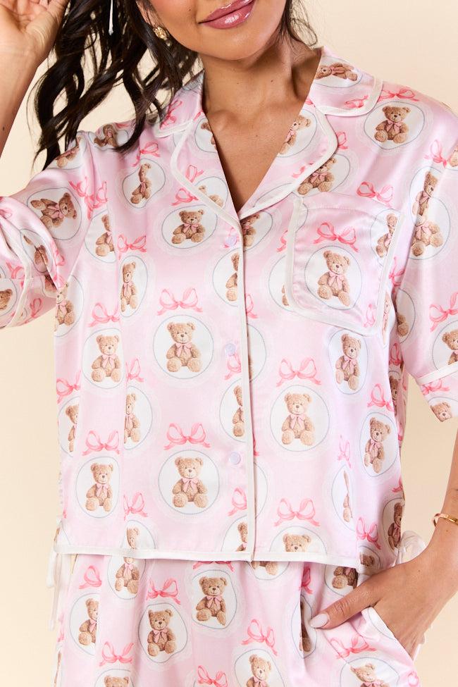 Snuggled Up Teddy Bear Printed Contrast Tie Detail Satin Short Sleeve Pajama Top FINAL SALE Girls Product Image