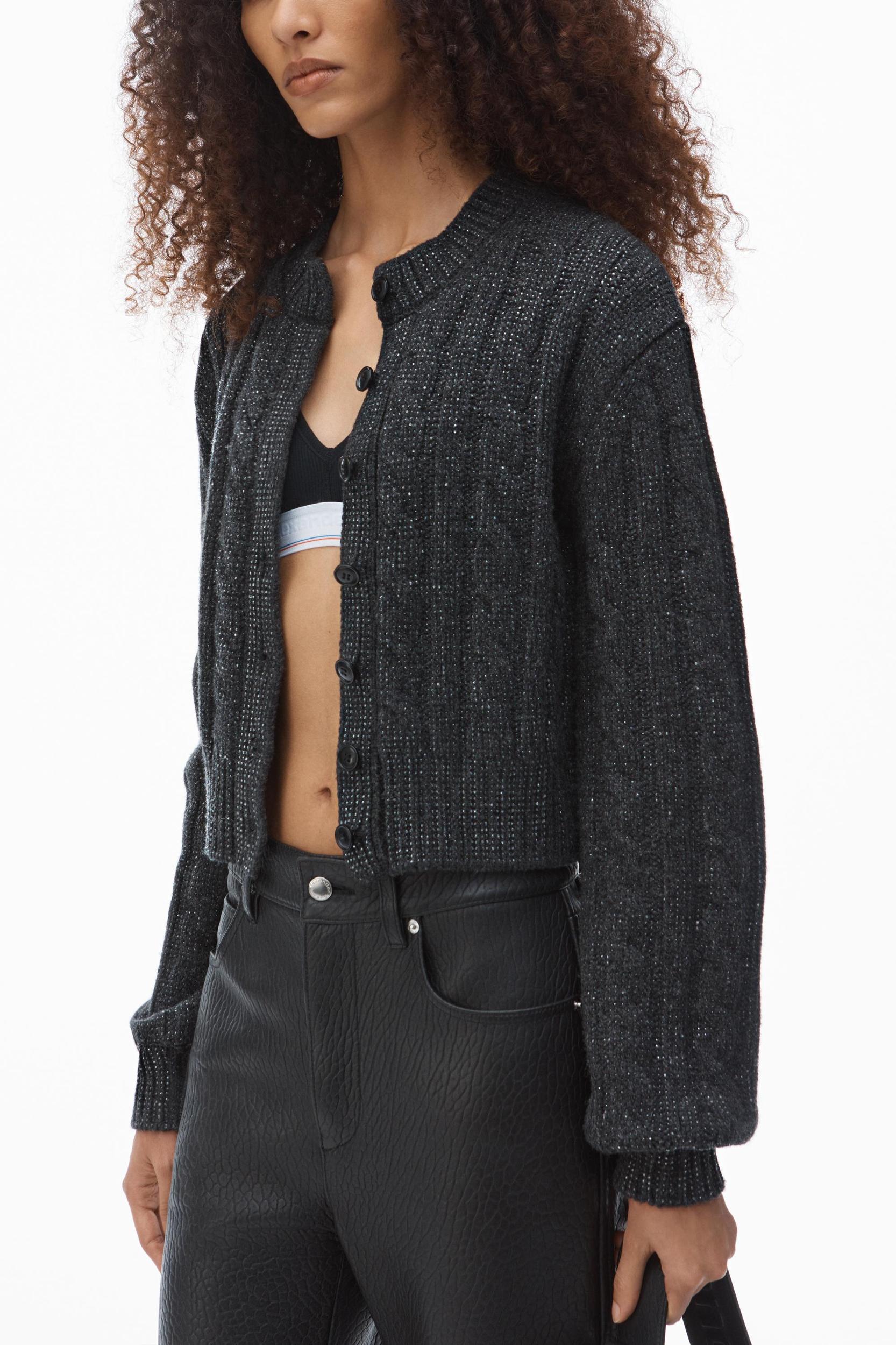 Clear Bead Hotfix Cable-knit Cardigan In Boiled Wool Product Image