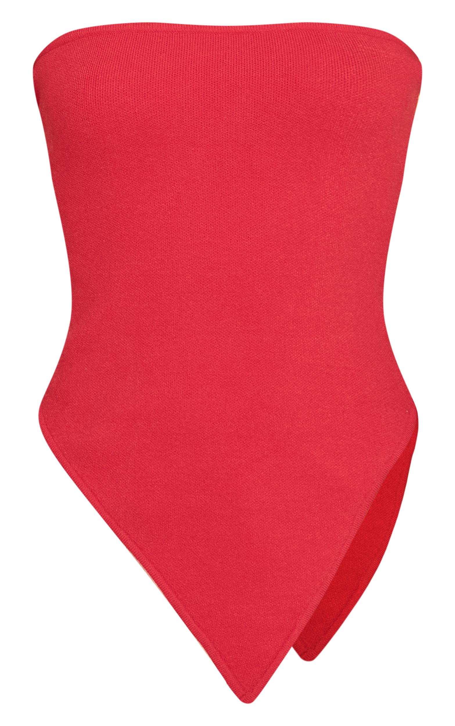 Red Fine Knit Bandeau Asymmetric Hem Top Product Image