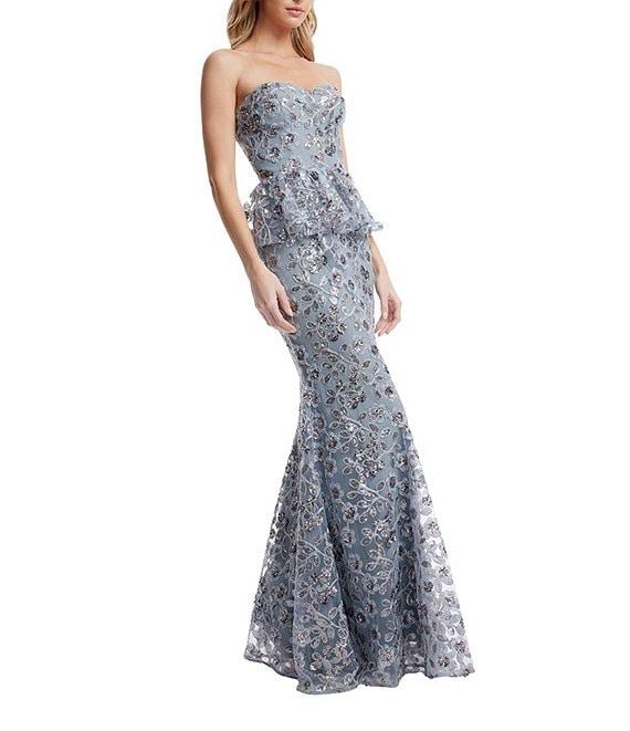 Dress the Population Scarlett Sequin Floral Print Strapless Neck Sleeveless Peplum Gown Product Image