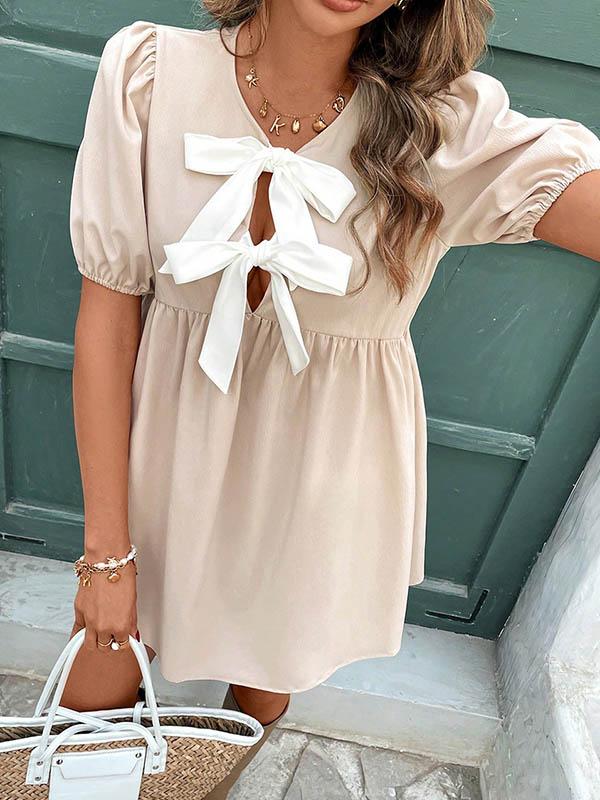 A-Line Loose Bowknot Elasticity Pleated Round-Neck Mini Dresses Product Image