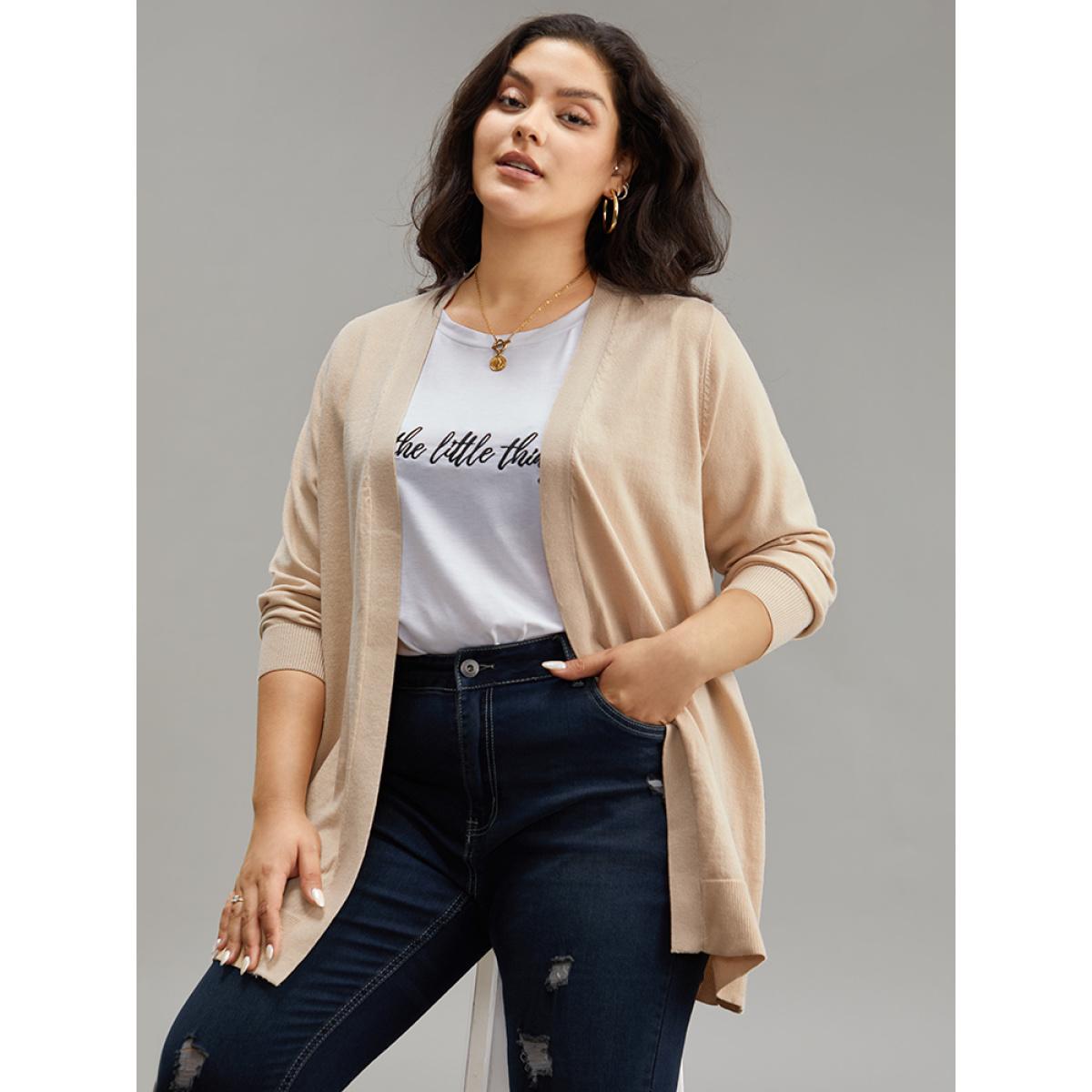 Plus Size Solid Elastic Cuffs Open Front Cardigan Champagne Women Casual Loose Long Sleeve Everyday Cardigans BloomChic 10/M Product Image