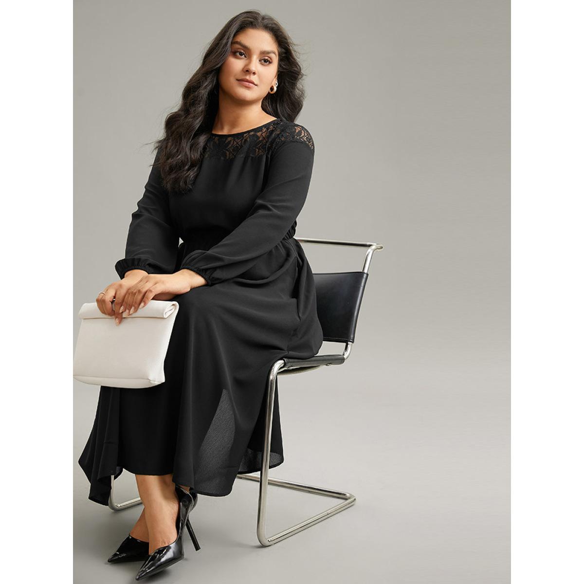 Plus Size Lace Panel Patchwork Lantern Sleeve Dress Black Women At the Office Elastic cuffs Round Neck Long Sleeve Curvy Midi Dress BloomChic 14-16/1X Product Image