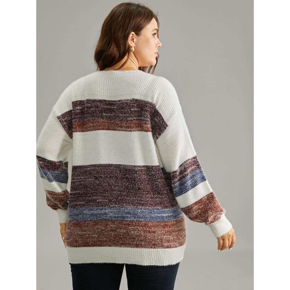 Plus Size Colorblock Fuzzy Drop Shoulder Pullover Multicolor Women Casual Loose Long Sleeve Round Neck Dailywear Pullovers BloomChic 18-20/2X Product Image