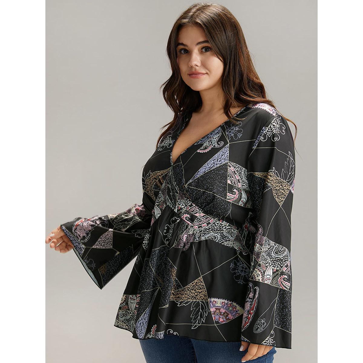 Plus Size BlackFlower Bandana Print Elastic Waist Blouse Women Vacation Long Sleeve Deep V-neck Dailywear Blouses BloomChic 14-16/1X Product Image