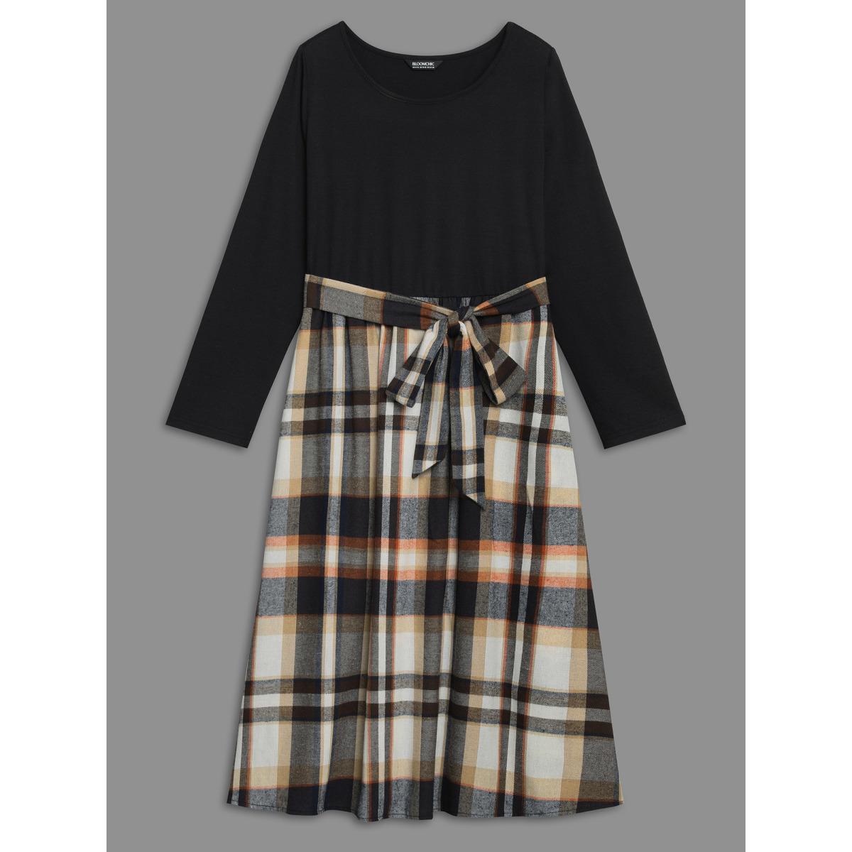 Plus Size Plaid Patchwork Elastic Waist Belted Dress Black Women Casual Belted Round Neck Long Sleeve Curvy BloomChic 12/L Product Image