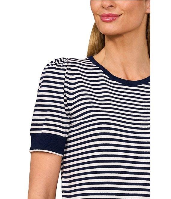 CeCe Knit Striped Crew Neck Short Puff Sleeve Sweater Product Image