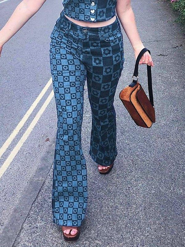 Checkered Print High Waist Slim Jeans Product Image