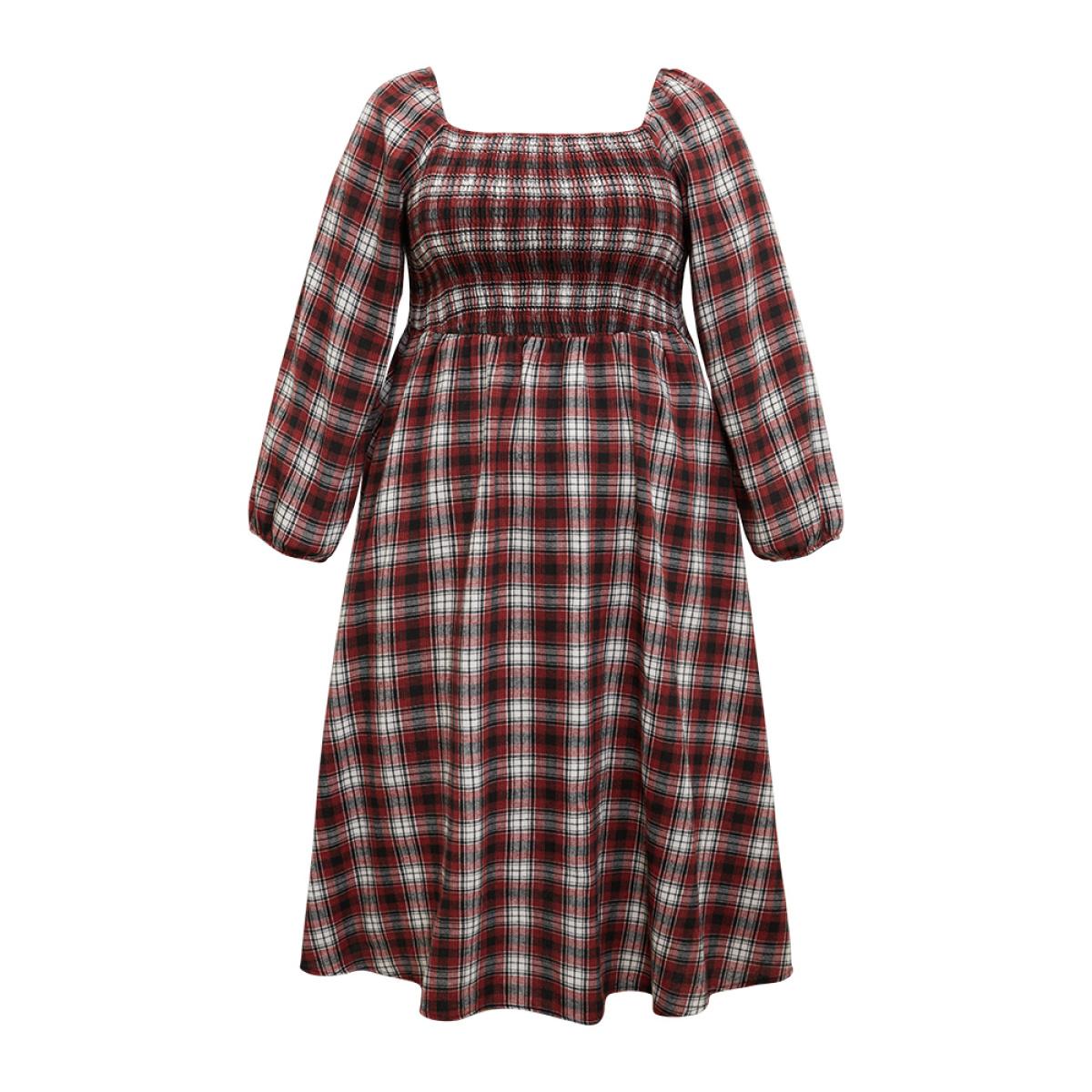 Plus Size Square Neck Plaid Shirred Lantern Sleeve Dress Red Women Casual Elastic cuffs Square Neck Long Sleeve Curvy Midi Dress BloomChic 14-16/1X Product Image