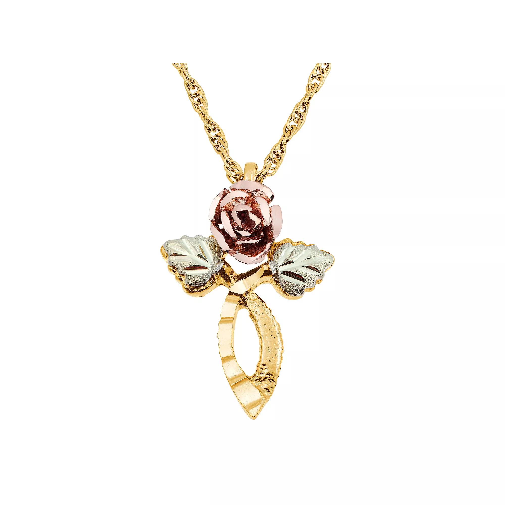 Black Hills Gold Tri-Tone Rose Cross Pendant Necklace, Women's, Size: 18", 10k Gold Product Image