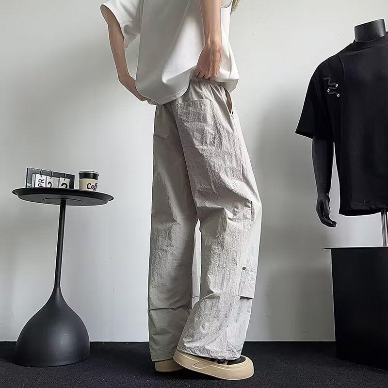 Drawstring Waist Plain Paneled Wide Leg Pants Product Image