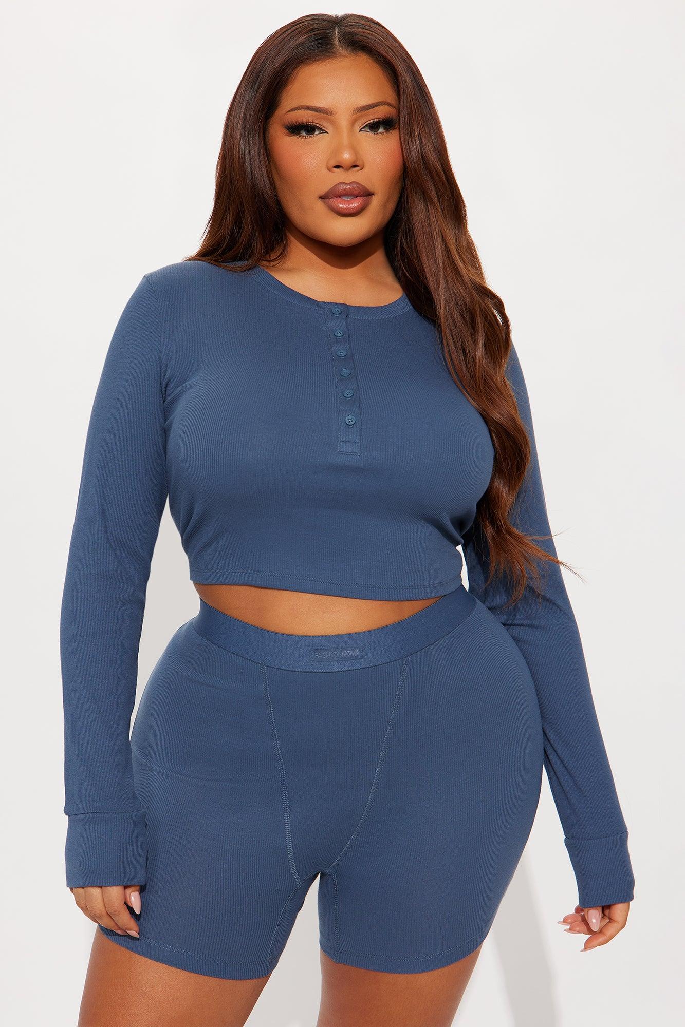 FN Mood Cotton Henley PJ Boxer Short Ribbed Set - Slate Blue Female Product Image