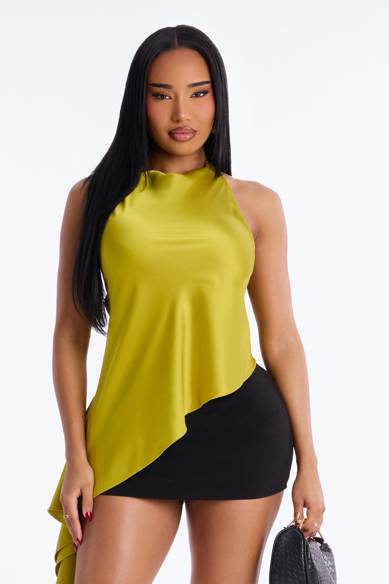 This Is The Look Asymmetrical Ruffle Satin Halter Top - Chartreuse Female Product Image