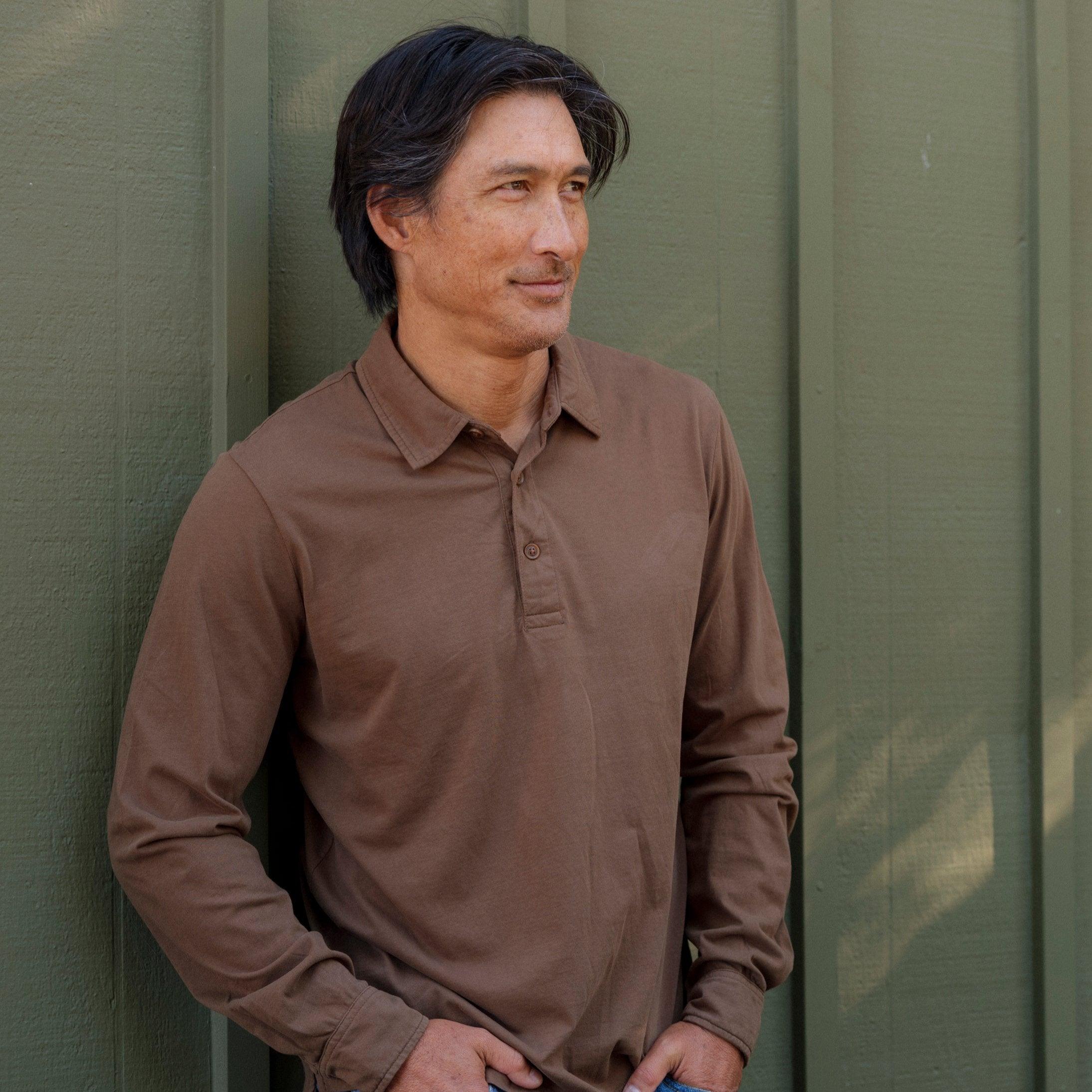 Pima Cotton Long Sleeve Polo - Dark Earth Product Image
