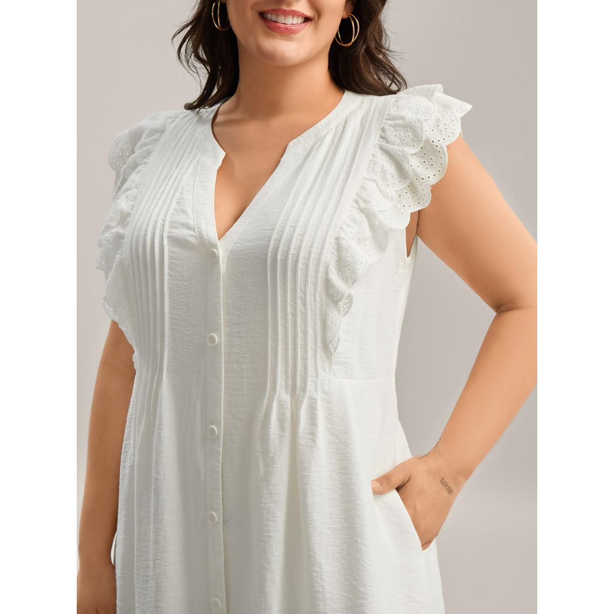 Plus Size Lace Trim Pleated Button Shirt Dress Originalwhite Women Flat collar with V-notch Cap Sleeve Curvy BloomChic 30/6X Product Image