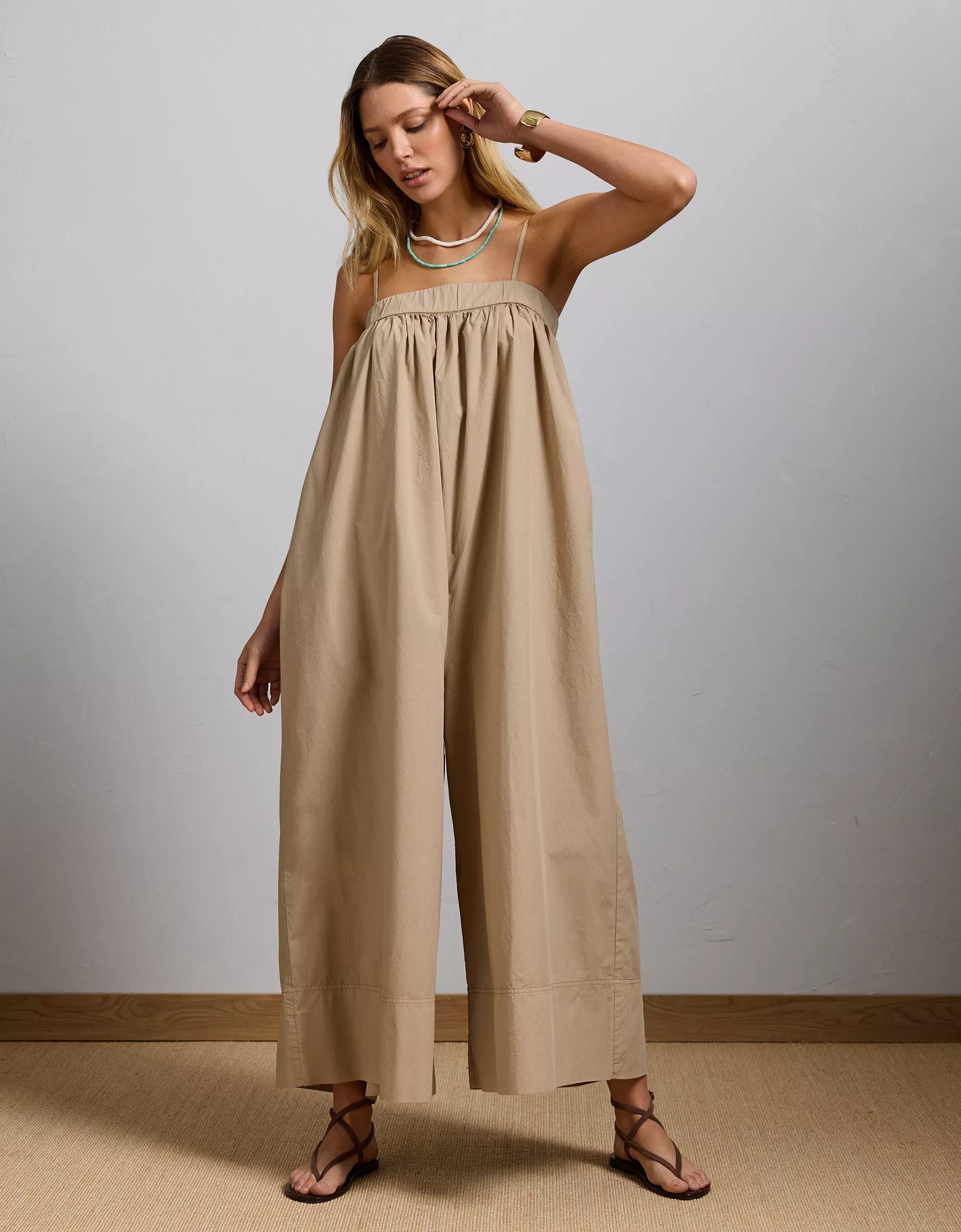 AE77 Premium Wide-Leg Cropped Poplin Jumpsuit Product Image
