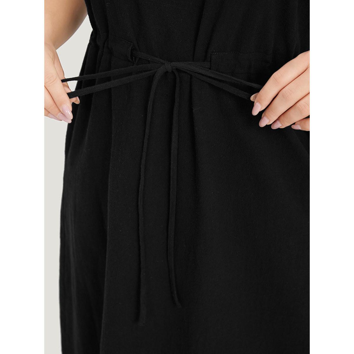 Plus Size Plain Pocket Drawstring Square Neck Tank Dress Black Women Casual Plain Square Neck Sleeveless Curvy Midi Dress BloomChic 22-24/3X Product Image