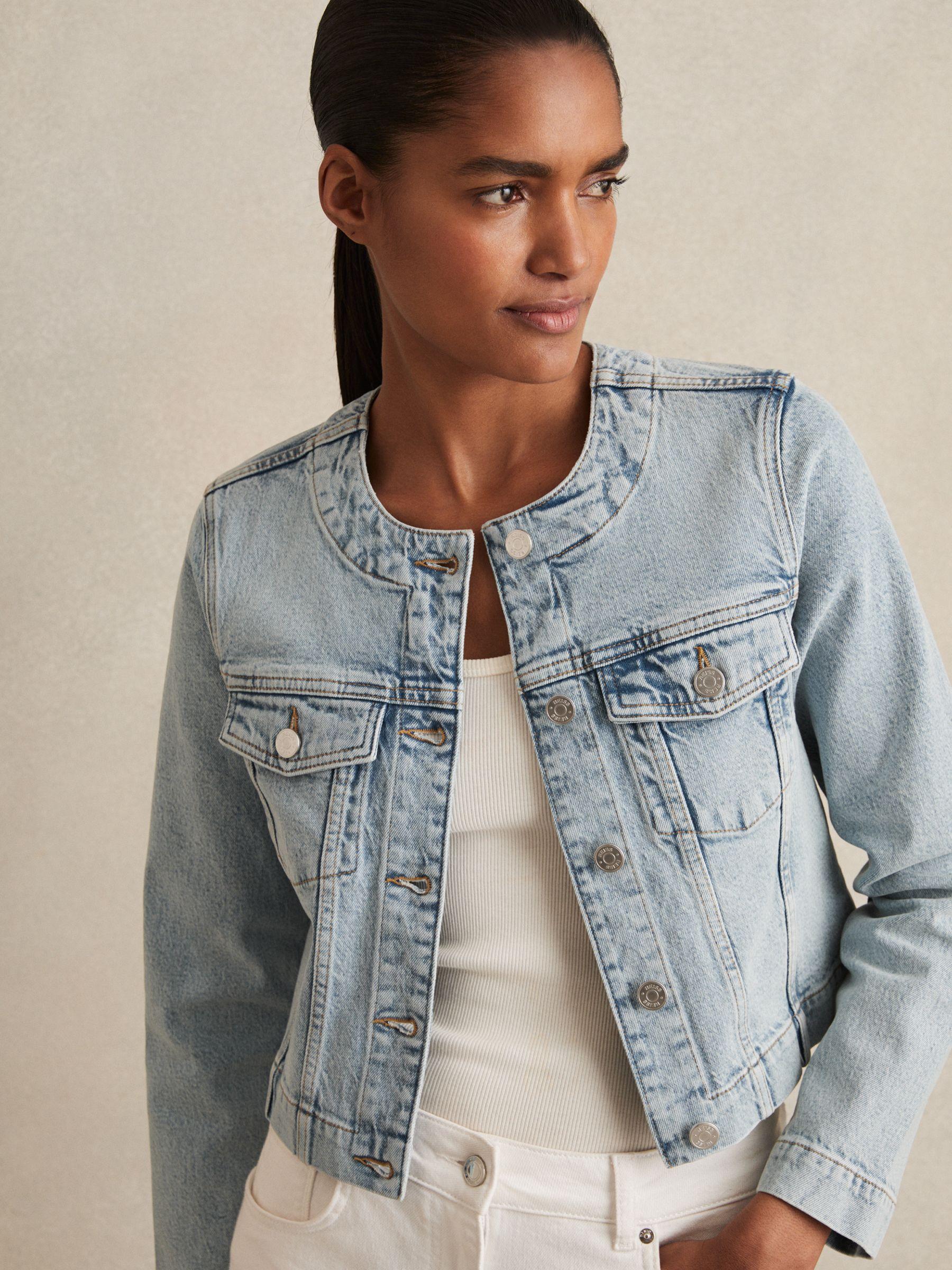 Collarless Cropped Denim Jacket in Light Blue Product Image
