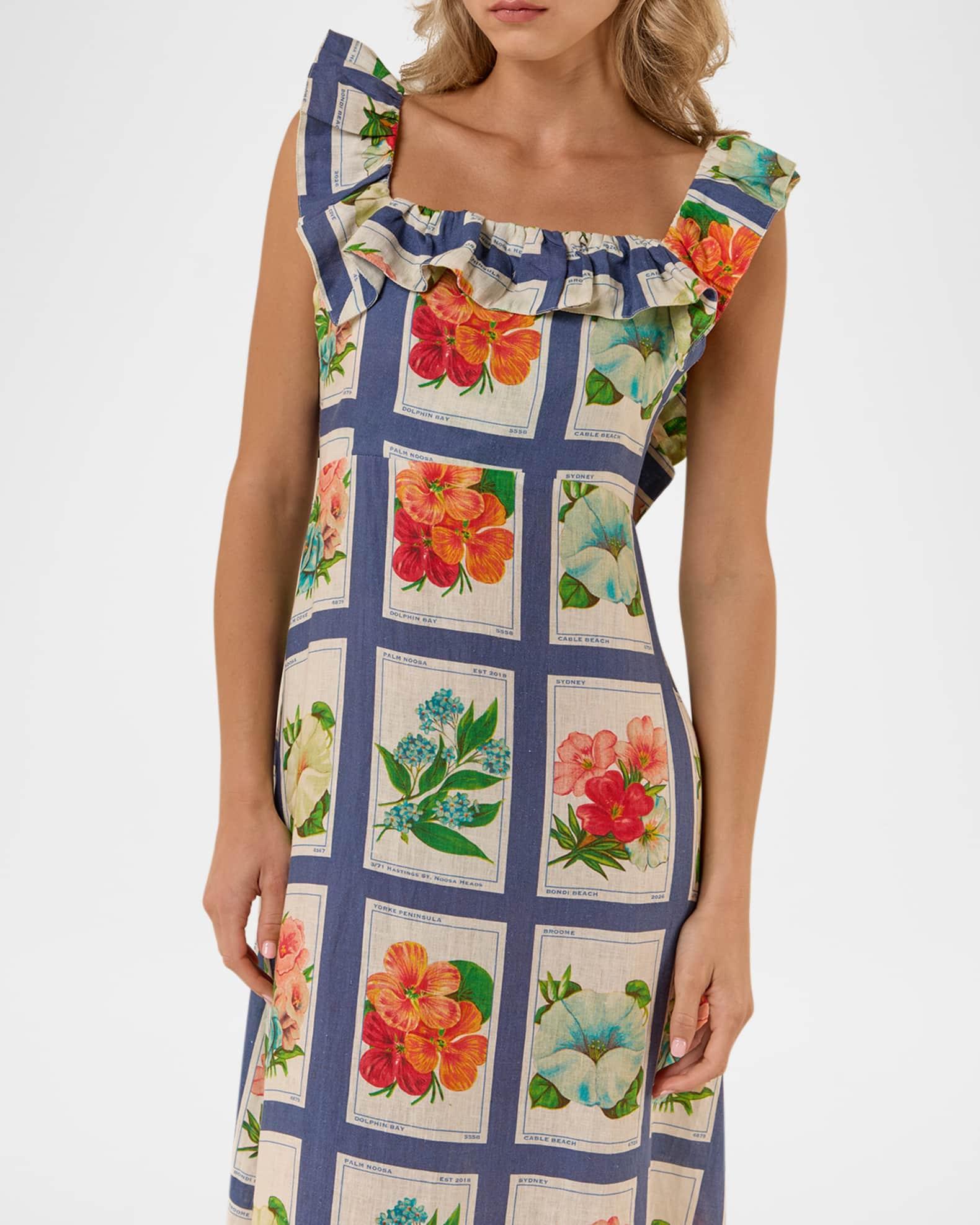 Ruffle-Trim Vintage Botanical Linen Maxi Dress Product Image