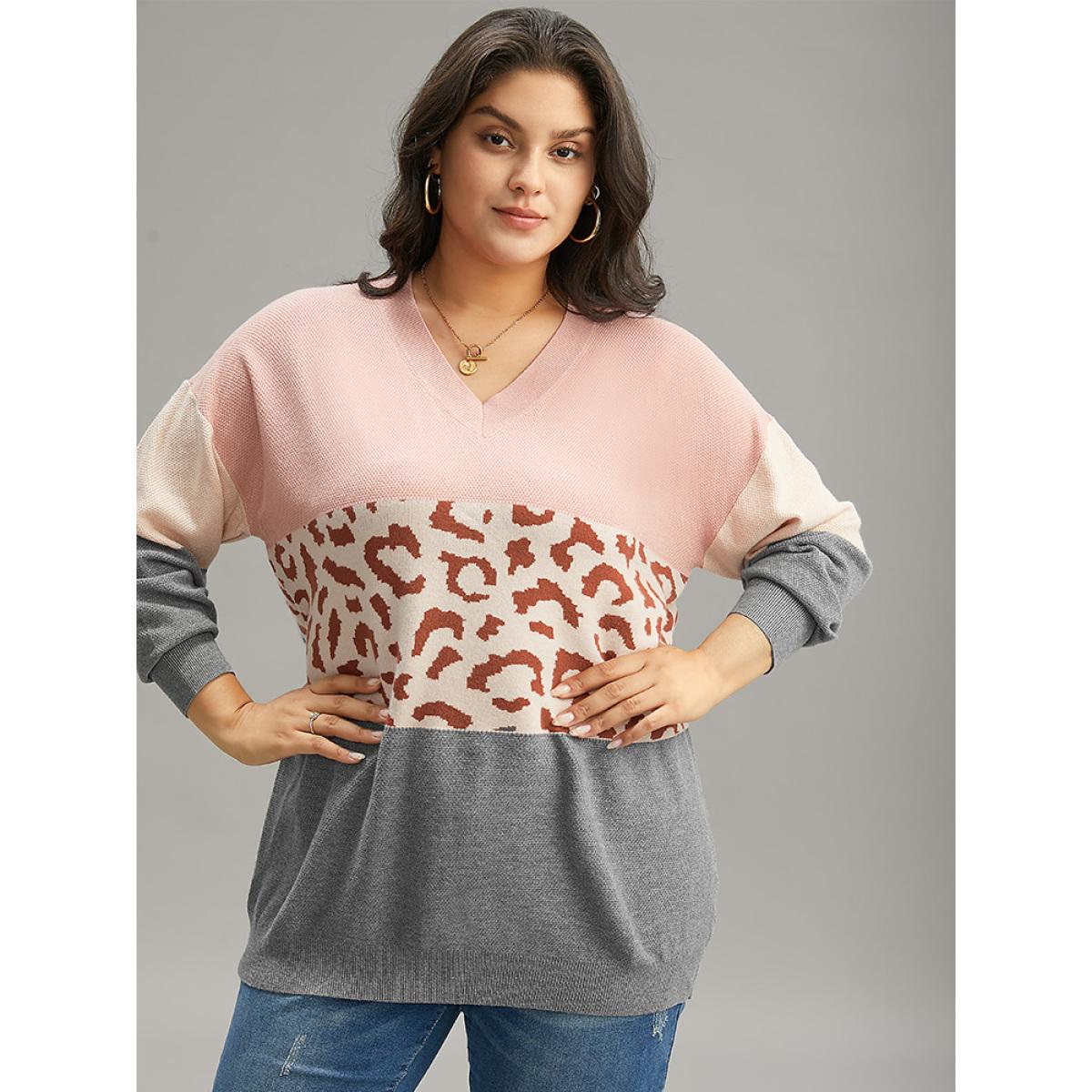 Plus Size Leopard Contrast Patchwork Batwing Sleeve Pullover Multicolor Women Casual Loose Long Sleeve V-neck Dailywear Pullovers BloomChic 18-20/2X Product Image