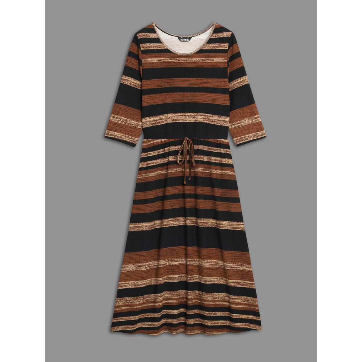 Plus Size Striped Elastic Waist Tie Knot Dress Yellowishbrown Women Resort Tie knot Round Neck Elbow-length sleeve Curvy BloomChic 26/4X Product Image