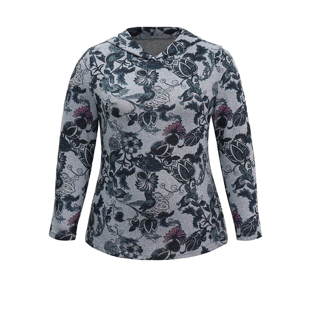 Plus Size Floral Print Hooded T-shirt DimGray Women Elegant Printed Floral Hooded Dailywear T-shirts BloomChic 14-16/1X Product Image