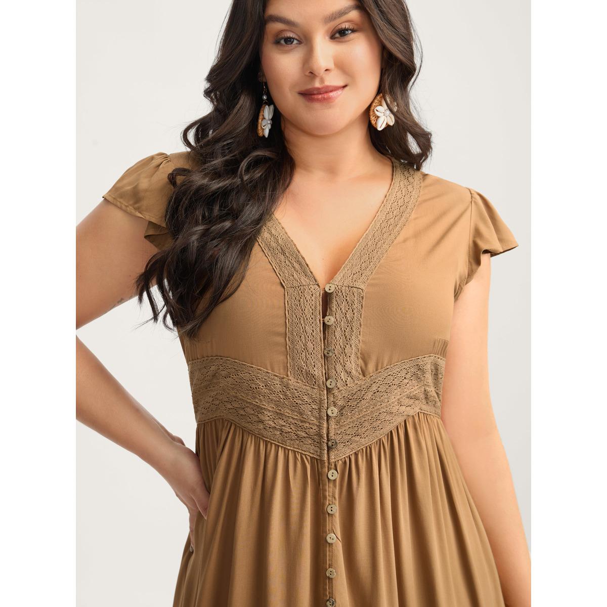 Plus Size Rayon Lace Trim Button Placket Flutter Maxi Dress Yellowishbrown Women V-neck Long Sleeve Curvy BloomChic 30/6X Product Image
