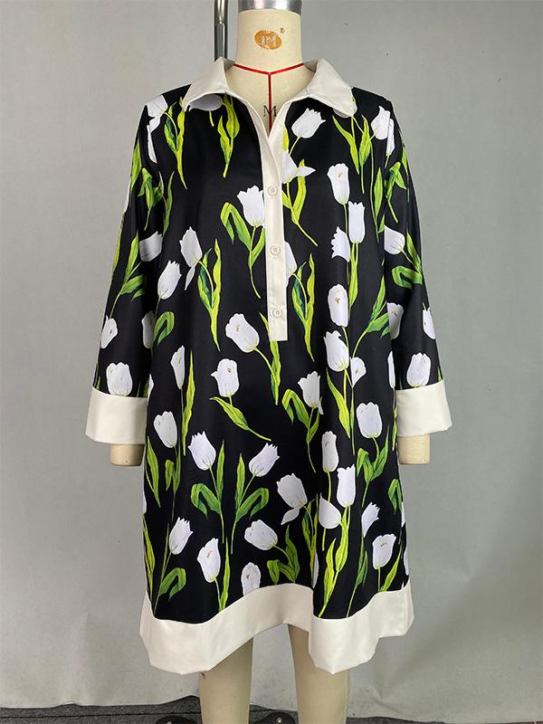 A-line Loose Buttoned Flower Print Stand Collar Mini Dresses Product Image