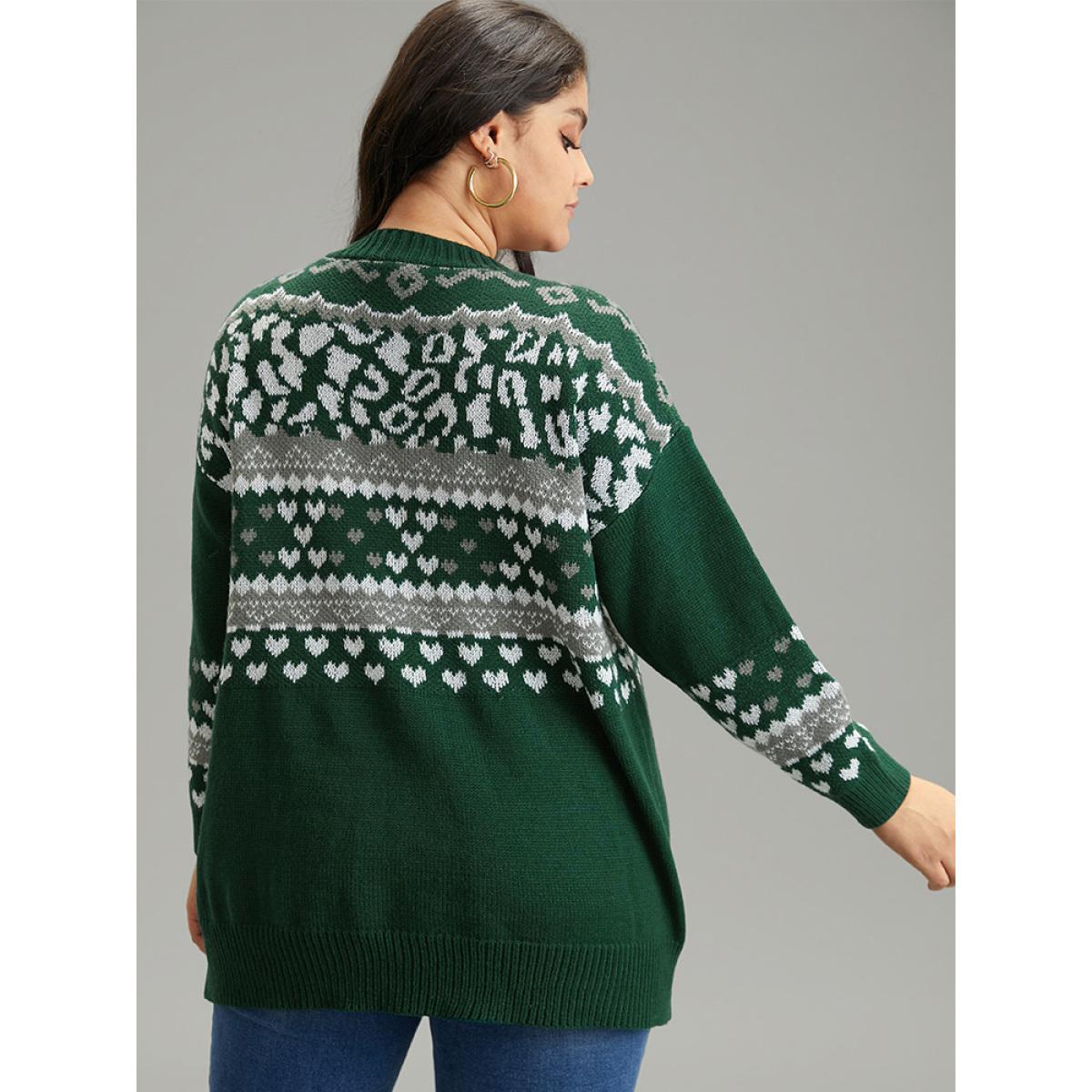 Plus Size Christmas Jacquard Button Up Pocket Cardigan DarkGreen Women Casual Loose Long Sleeve Festival-Christmas Cardigans BloomChic 12/L Product Image