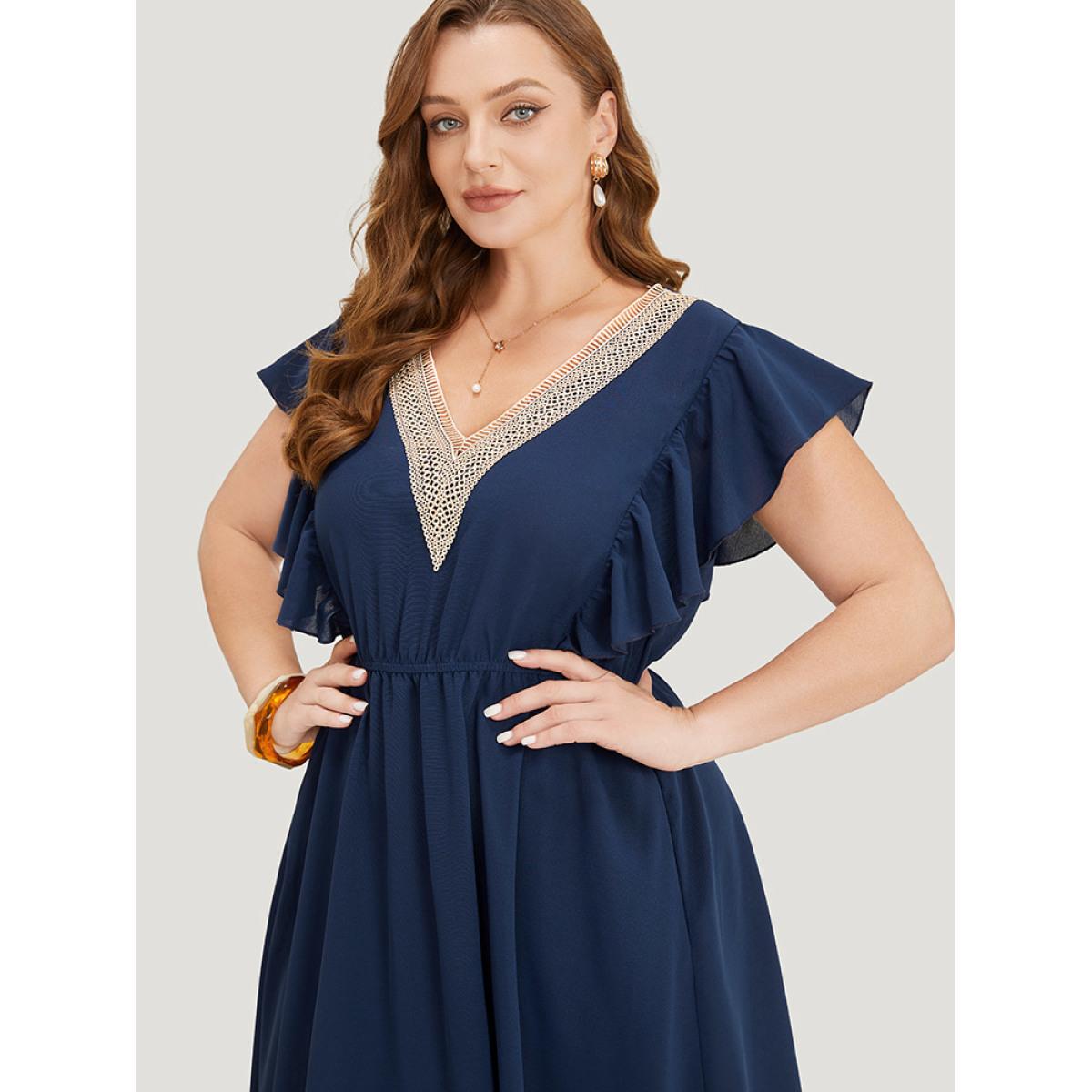 Plus Size Solid Contrast Lace V Neck Pocket Flutter Trim Dress DarkBlue Women Elegant Lace V-neck Cap Sleeve Curvy Knee Dress BloomChic 10/M Product Image